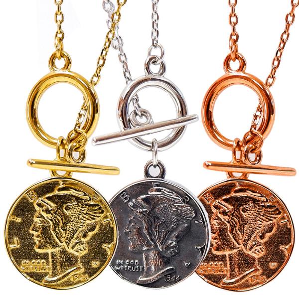 ネックレス ハワイアンジュエリー コイン マンテル マーキュリーダイム リバティ サージカル ステン...