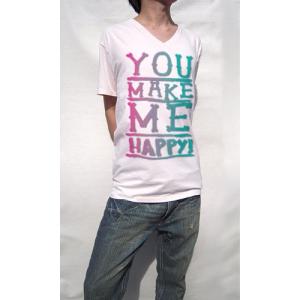 Tシャツ メンズ 半袖 ライトピンク M カラーリング 手書きテイスト ピース メッセージＶネックＴシャツ デザイン｜selectshopsig