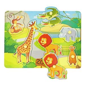 木製ペグベビーパズル フルカラー写真 動物の形 分厚いパズル ジャンボノブ 動物園パズル 18か月以上の幼児向け 6ピース 並行輸入｜selectshopwakagiya
