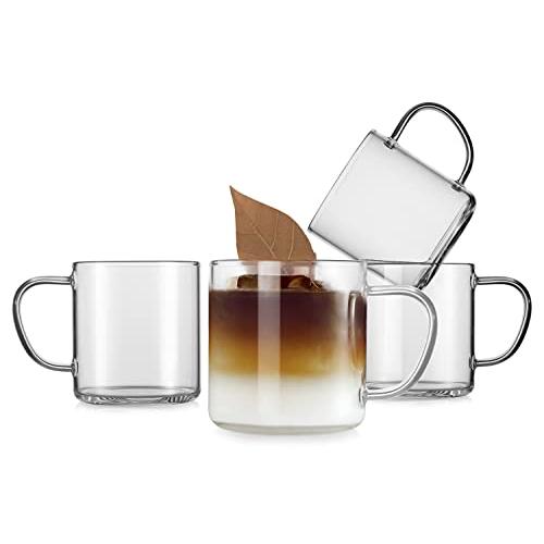 LUXU ガラス製コーヒーマグカップ 4個セット 大きな広口 モカ ホットドリンクマグ (14オンス...