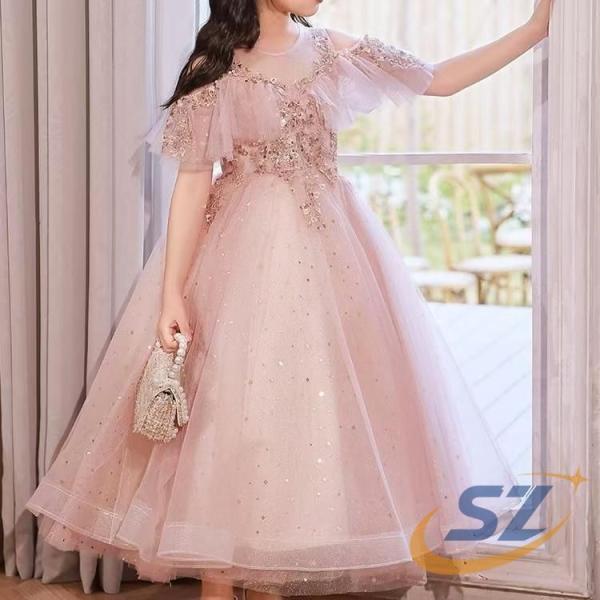 子供ドレス ピアノ発表会ドレス ピンク オフショルダー ロングドレス 演奏会ドレス シェンヘン 女の...