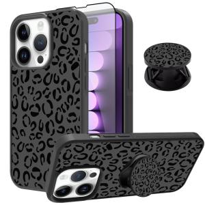 SAKUULO iPhone 15 Pro Case, [Screen Protector + Kickstand] Black Leopard Ch｜selectshp-sophia