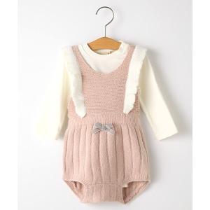 petit main / プティマイン フリルつきニットサロペット×ロンパースセット
