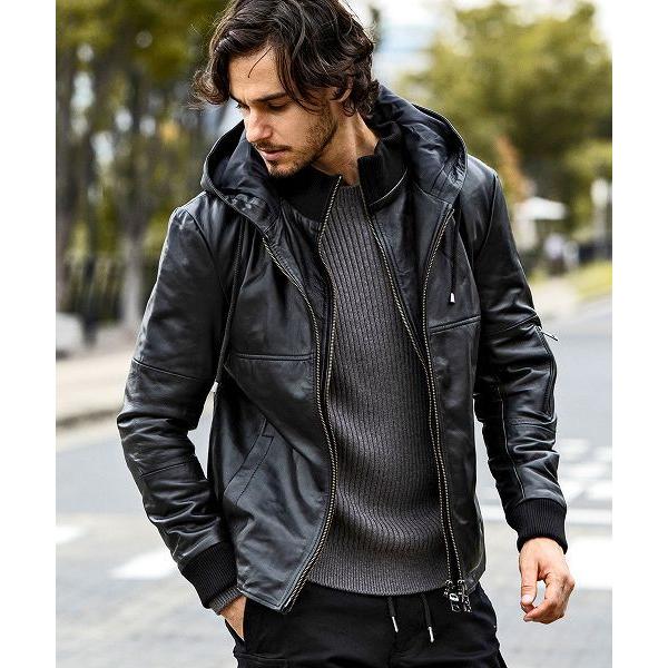 SHIFFON / シフォン レイヤードシープレザー中綿フードジャケット