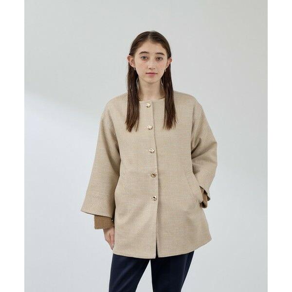 QUEENS COURT / クイーンズコート ツィード調ハウンドトゥースノーカラーコート≪手洗い可...