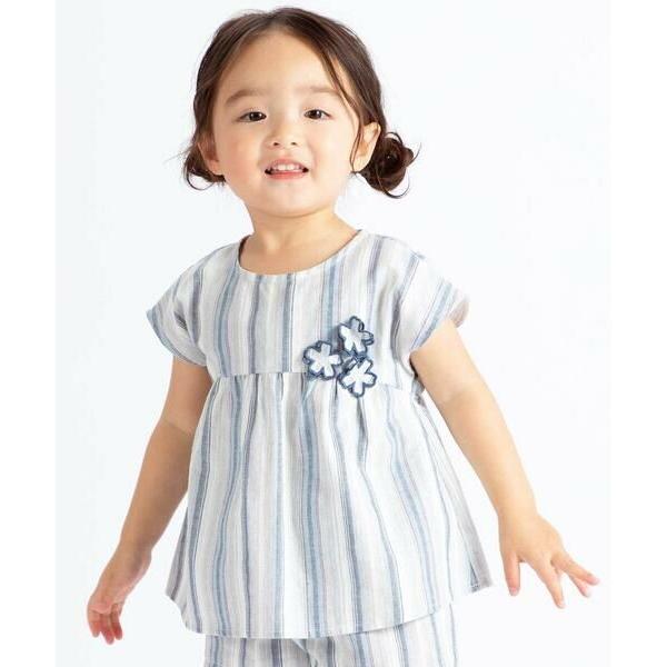 BeBe / べべ 【お揃い】リネン調マルチストライプフラワーモチーフブラウス(80~100cm)