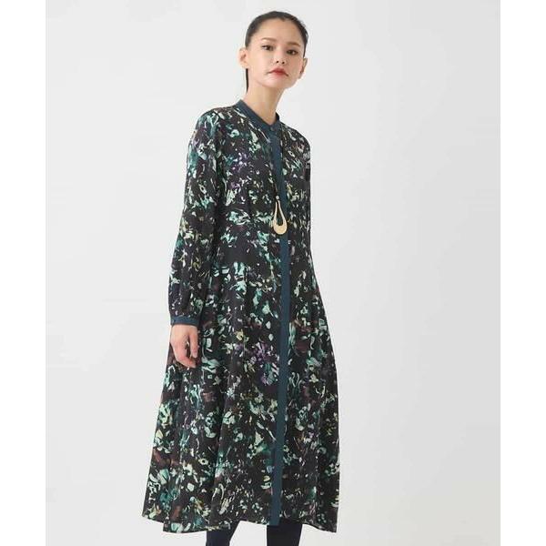 HIROKO BIS / ヒロコビス リーフプリントバンドカラーワンピース /洗濯機で洗える