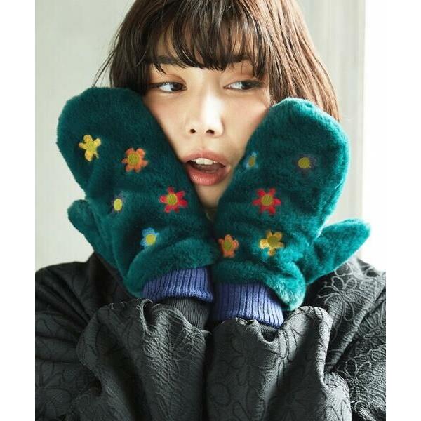 Jocomomola / ホコモモラ フラワー刺繍フェイクファーミトン