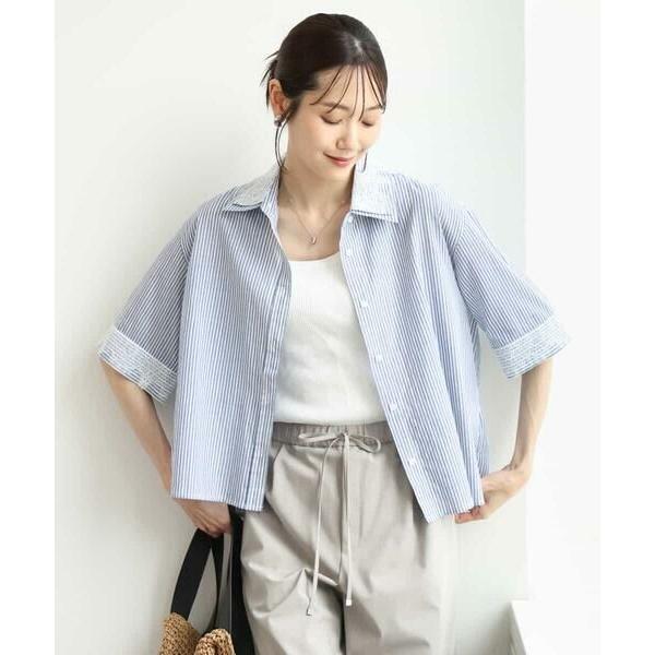 MK MICHEL KLEIN / エムケーミッシェルクラン [洗える]ストライプレース五分袖シャツ...