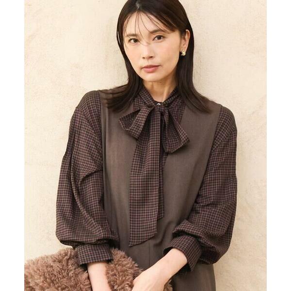 MK MICHEL KLEIN / エムケーミッシェルクラン [洗える]ボウ付きシアーチェックブラウ...