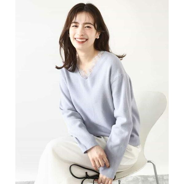 OFUON / オフオン Vネックレース片畦編みニット/洗える/WEB限定サイズあり