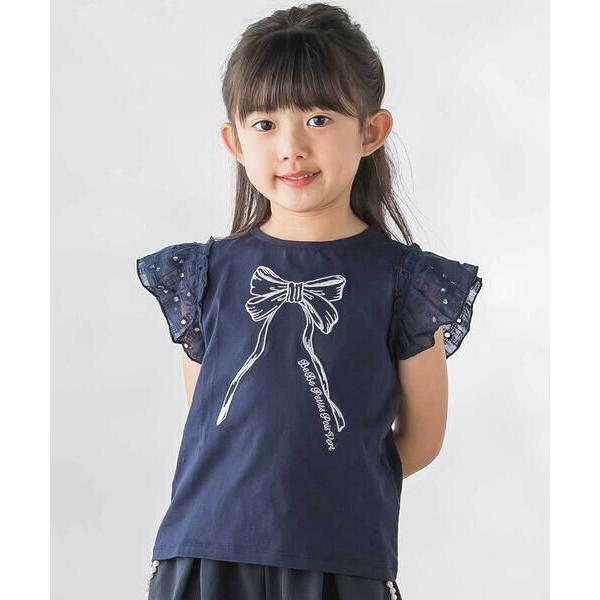 BeBe Petits Pois Vert / ベベ プチ ポワ ヴェール 袖異素材リボン刺しゅうT...