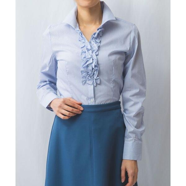NARACAMICIE / ナラカミーチェ コットンストレッチストライプスタンドカラーフリルブラウス