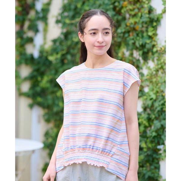 CARA O CRUZ / キャラ・オ・クルス 洗える ボーダーの裾シャーリングブラウス【SOMEL...