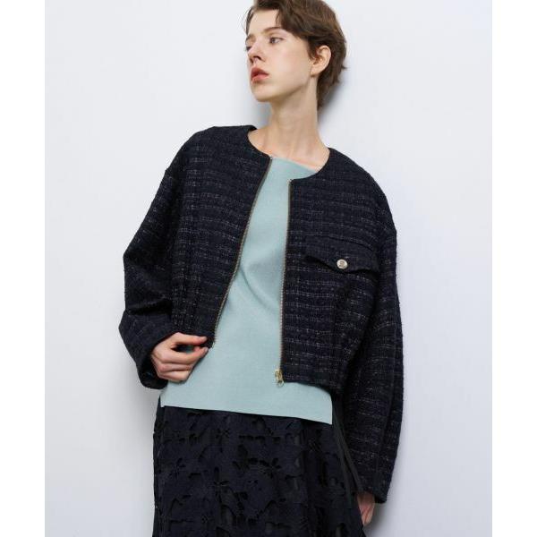 LANVIN en Bleu / ランバン オン ブルー ツイードノーカラーブルゾンジャケット