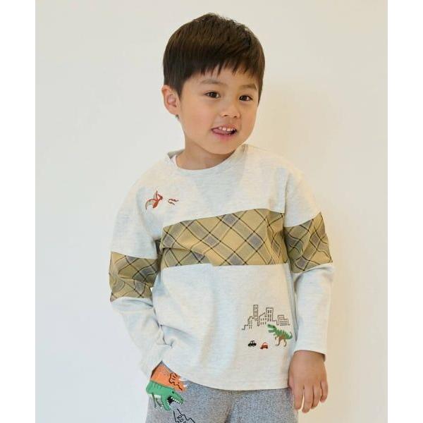 kladskap / クレードスコープ 恐竜と街チェック切替長袖Tシャツ