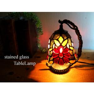 ★LED電球付き！アンティーク調ステンドグラス吊型テーブルランプ　フラワー　口径E12レトロ大正ロマ...