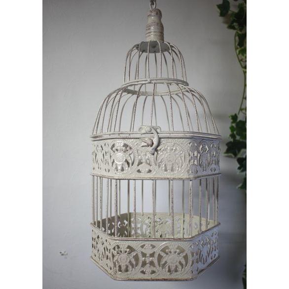 ★アンティークシャビー　アイアンバードゲージヘキサゴン　Mサイズ　プラントホルダー　アンティークホワ...