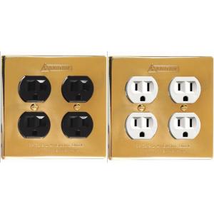 ★アメリカン コンセントプレート4口 真鍮製 スイッチカバープレート 埋込ダブルコンセント付３ピン ...