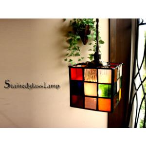 ★アンティーク調ステンドグラススクエアペンダントランプ マルチブロックカラフル ペンダントライト天井...