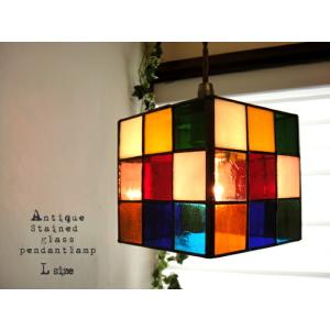 ★ステンドグラススクエアペンダントランプ カラフルマルチブロックチェック Mサイズ ペンダントライト...