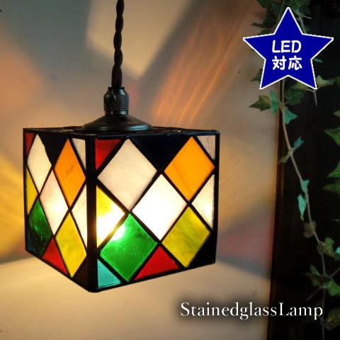★レトロ調ステンドグラススクエアペンダントランプ　カラフルマルチダイヤ422　ペンダントライト天井照...