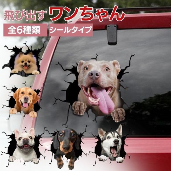 ステッカー 飛び出すわんちゃん カー用品 車用 3D かんたん 6種類 貼り付け 車 ガラス びっく...
