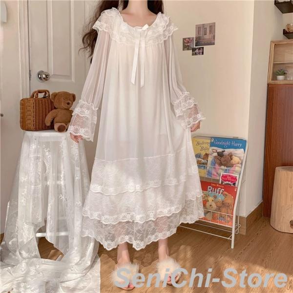 新作 レディース 姫系 ネグリジェ 綿可愛い 寝巻きレース ラッパのそで 長袖 ロマンティック ルー...