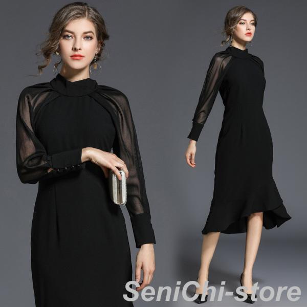 パーティードレス 大きいサイズ ロング丈 結婚式 40代 袖あり 長袖 立ち襟 フォーマルドレス シ...