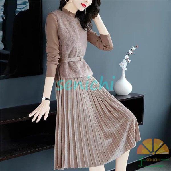 ワンピースセットアップ レディース 2点セット ワンピース ワンピーススーツ プリーツワンピース ベ...