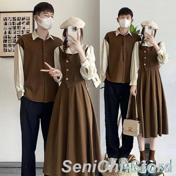 ペアルック カップル ワンピース ペア シャツ 長袖 ベージュ ブラウン 夫婦 恋人 秋冬春 カップ...