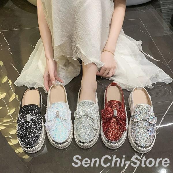 軽量 かかとなし 厚底 スニーカー スリッポン レディース シュー ズ キラキラ ラインストーン 春...