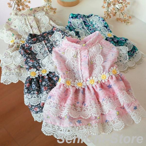 犬服 夏服 春夏 薄手通気 涼しい ドッグウエア 猫服 ペットグッズ　可愛い花柄フリフリレース付きワ...