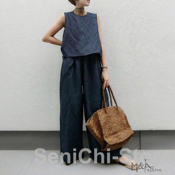 セットアップ レディース 夏ノースリーブブラウス シャツ デニムガウチョパンツ タンクトップ 40代...