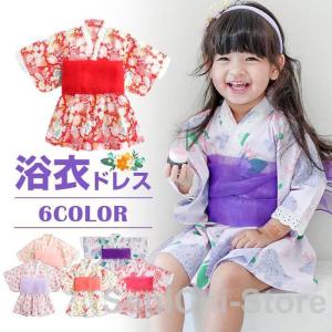 浴衣 ドレス 女の子 ベビー キッズ ワンピース 赤ちゃん 子供 リボン 夏祭り 花火大会 2点セット(浴衣ドレス＋帯) 浴衣セット