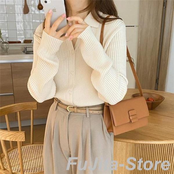 カーディガン リブニット レディース トップス ニット 襟付き ボタン 秋 春 vネック 襟付き リ...