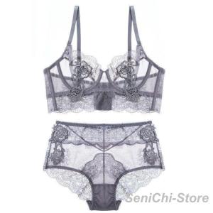 上下セット ブラジャー＆ショーツ ランジェリー レース レディース 巨乳 通気性 ビッグサイズ 透け感 シースルー 盛りブラ 花レース 脇高