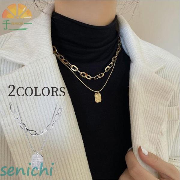 ネックレス アクセサリー レディース 女性 2連 重ね付け 大ぶり ごつめ プレート かわいい おし...