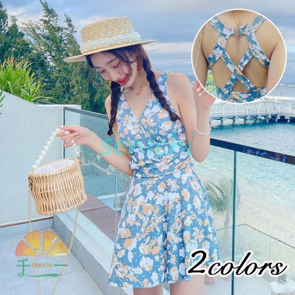 水着 レディース ワンピース水着 サロペット 花柄 夏 おしゃれ 小胸 ママ水着 バンドゥ 日焼け防...