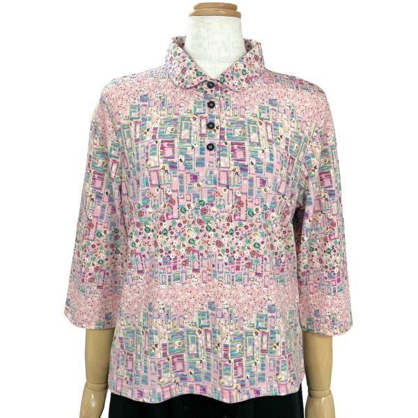 総柄衿付き七分袖カットソー 婦人 レディース トップス Tシャツ Sサイズ 小さいサイズ 敬老の日 ...