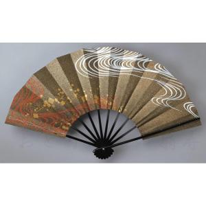 舞扇子 茶、流水、小石 黒塗骨 京扇子 箱なし