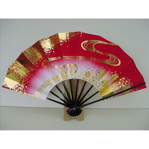 舞扇子 日本舞踊、踊り用 29cm 赤 金 流水 松葉 小石 竹-1328 黒塗骨 京扇子 箱なし