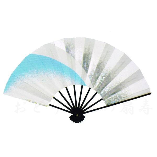 舞扇子 日本舞踊、踊り用 29cm 銀光彩箔、ブル−、白 黒塗骨 京扇子 箱なし