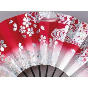 舞扇子 ホロ箔、桜柄、赤 黒塗骨 京扇子 箱なしの詳細画像1