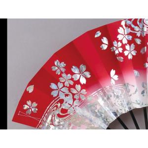 舞扇子 ホロ箔、桜柄、赤 黒塗骨 京扇子 箱なしの詳細画像3