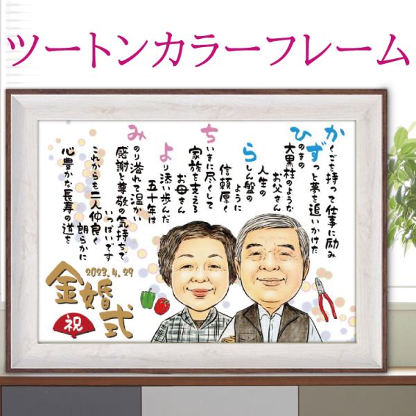 似顔絵 名前 詩 ネーム ポエム プレセント バイカラーフレーム 額入 しあわせタッチ 名入れ お祝...