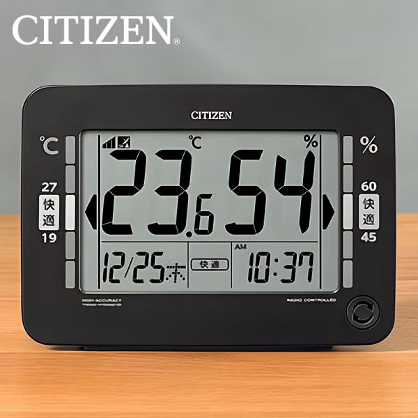 CITIZEN 高精度デジタル温湿度計 電波時計 ブラック 見やすい大画面 時刻 温度 湿度 環境目...