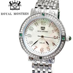 ROYAL MONTRES エメラルド天然石 ソーラー腕時計 RM-0015-SVEM メンズ 宝石鑑別書付 日常防水 白蝶貝文字盤 クリスタル48石 ロイヤルモントレス