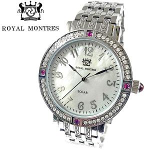 ROYAL MONTRES ルビー天然石 ソーラー腕時計 RM-0015-SVRM メンズ 宝石鑑別書付 日常防水 白蝶貝文字盤 クリスタル48石 ロイヤルモントレス