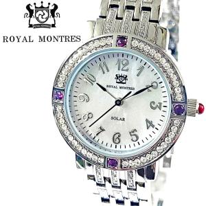 ROYAL MONTRES ルビー天然石 ソーラー腕時計 RM-0015-SVRL レディース 宝石鑑別書付 日常防水 白蝶貝文字盤 クリスタル48石 ロイヤルモントレス